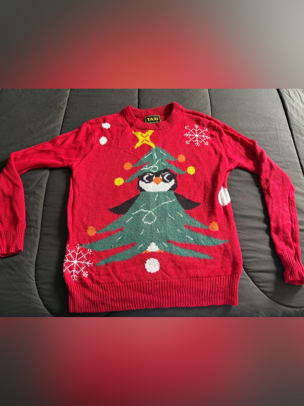 Taxi Red Penguin Tree Crewneck Sweater